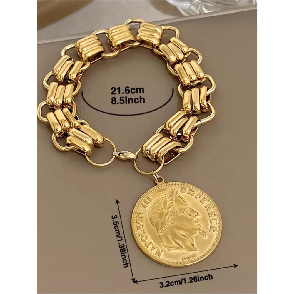 Gold Plated Napoleon Coin Bracelet Chain Link Roman Statement Stainless Steel - Picture 7 of 7